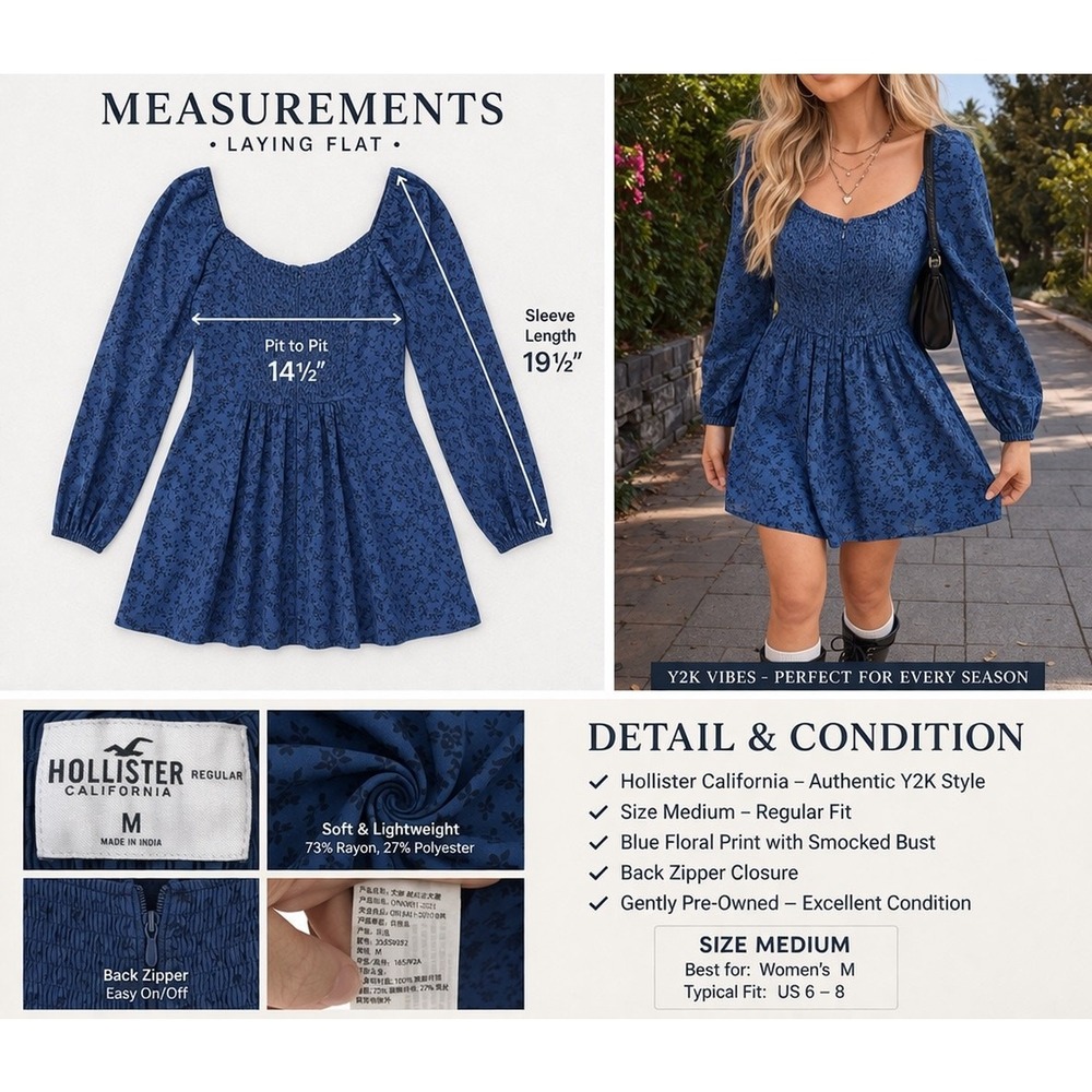 Hollister Blue Floral Mini Dress Medium Smocked Babydoll Puff Sleeve Y2K - Picture 7 of 11
